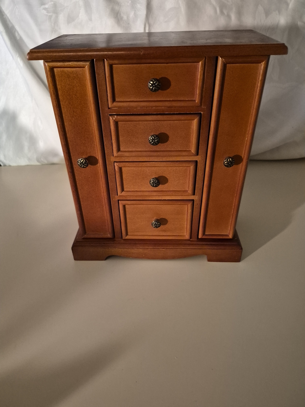 Vintage Wood Jewelry Armoire with Burnished Brown Finish With Mirror